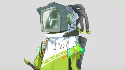 HD desktop wallpaper featuring a sci-fi robot with a monitor head displaying a heartbeat line, wearing a futuristic outfit with green accents, set against a plain background.