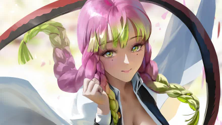 A vibrant 4K Ultra HD anime wallpaper featuring Mitsuri Kanroji from Demon Slayer: Kimetsu no Yaiba with her pink and green braided hair and a confident expression.