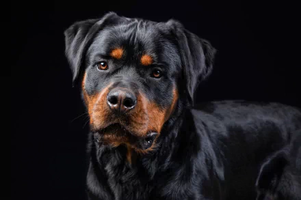Close-up Rottweiler dog (animal) portrait on a black background, 2K Quad HD PC desktop wallpaper/background.