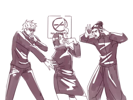 Monochrome anime wallpaper of Satoru Gojo, Suguru Geto and Shoko Ieiri in school uniforms striking playful poses — 8K Ultra HD Jujutsu Kaisen PC desktop background.