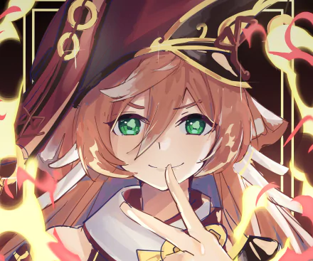 Yanfei from Genshin Impact smiling with finger to her lips, glowing flames and vivid green eyes — stylized video game art, 2K Quad HD PC desktop wallpaper/background.