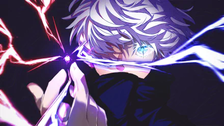 HD anime desktop wallpaper featuring Satoru Gojo from Jujutsu Kaisen with striking blue eyes and white hair, surrounded by dynamic energy effects.