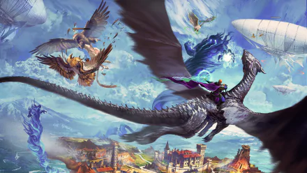 5K Ultra HD PC desktop wallpaper: wizard atop a black dragon leads an aerial battle with griffins over a burning medieval city.