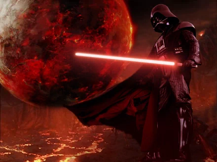 HD wallpaper of Darth Vader from Star Wars, standing with a red lightsaber on a fiery planet, wearing his iconic helmet and cape.