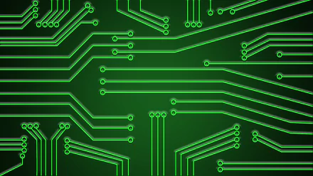 Minimalist green circuit traces and pads on a dark backdrop — a technology-themed HD PC desktop wallpaper.