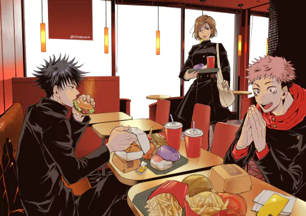 HD anime wallpaper featuring Yuji Itadori, Nobara Kugisaki, and Megumi Fushiguro from Jujutsu Kaisen in school uniforms enjoying a meal together in a casual dining setting.