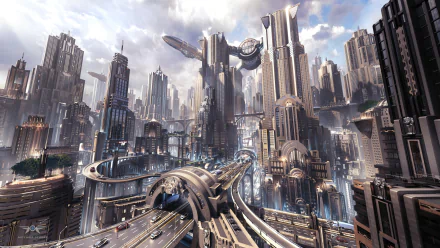 Futuristic sci-fi cityscape with towering skyscrapers, advanced flying vehicles, and intricate multi-level roads, rendered in stunning 4K Ultra HD for PC desktop background.