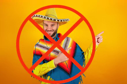 HD wallpaper of a humorous no-entry sign superimposed over a man in colorful attire against a yellow background.