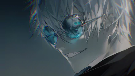 HD desktop wallpaper featuring Satoru Gojo from the anime Jujutsu Kaisen. He has white hair and is wearing glasses, reflecting his striking blue eyes.