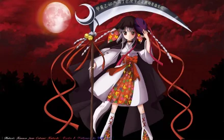 HD PC wallpaper featuring Nemuru Kushinada from the anime Ookami Kakushi, set against a dark red sky with a full moon, blending traditional and supernatural elements.