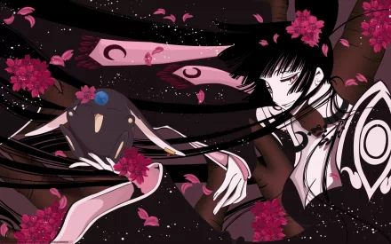 HD anime desktop wallpaper featuring Yuuko Ichihara from xxxHOLiC, surrounded by pink cherry blossoms and flowing black hair in a dark, mystical setting.