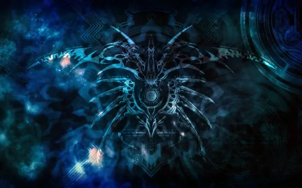 A dynamic HD background featuring intricate designs inspired by the anime Blazblue, set against a vibrant blue and black abstract backdrop.