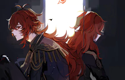 HD PC desktop wallpaper of Diluc (Genshin Impact), video game art: red-haired noble in ornate dark coat shown in twin-profile, backlit by a bright window with a moody background.
