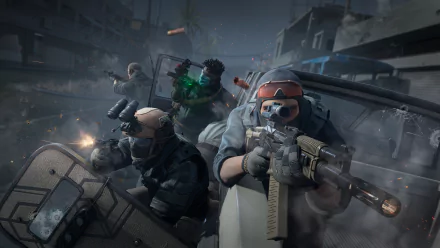 HD desktop wallpaper featuring characters from the game Caliber engaged in an intense urban firefight.