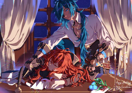 HD PC desktop wallpaper featuring Diluc and Kaeya from Genshin Impact in a cozy, candlelit room with vintage decor, highlighting their dynamic and detailed designs.