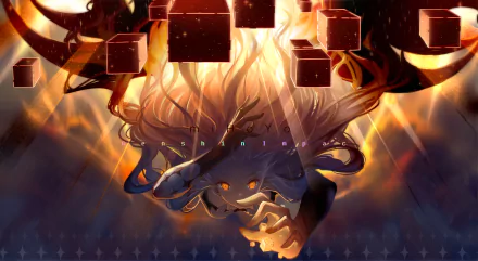 HD PC desktop wallpaper featuring Unknown God from Genshin Impact, showcasing fiery effects and floating cubes in a dramatic video game-inspired design.