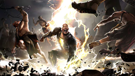 4K Ultra HD wallpaper featuring Dwayne Johnson as Black Adam from DC Comics, surrounded by glowing lightning and shattered debris in an intense action scene.