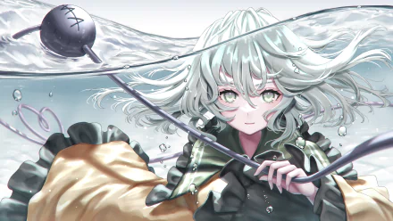 Underwater 4K Ultra HD anime wallpaper of Koishi Komeiji from Touhou, featuring her white hair and grey eyes with flowing motion and detailed shading.