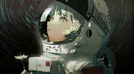 HD anime desktop wallpaper of a short-haired astronaut gazing thoughtfully inside a detailed space helmet with a dark, starry background.