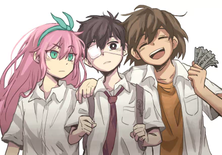 ticket eye patch black hair pink hair brown hair OMORI uniform school uniform Kel (Omori) Sunny (Omori) Aubrey (Omori) video game HD Desktop Wallpaper | Background Image