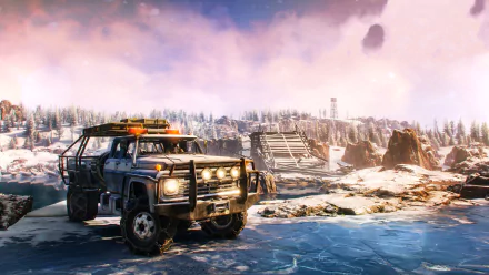 HD SnowRunner wallpaper featuring a rugged off-road vehicle on icy terrain with a scenic snowy landscape and twilight sky in the background.