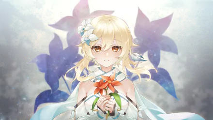 HD PC desktop wallpaper featuring Lumine from the video game Genshin Impact holding a flower with soft, glowing background elements.