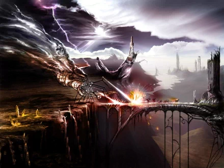 A dramatic HD wallpaper featuring a dark, monstrous landscape with lightning, twisted structures, and a fierce clash on a precarious bridge amidst an ominous sky.