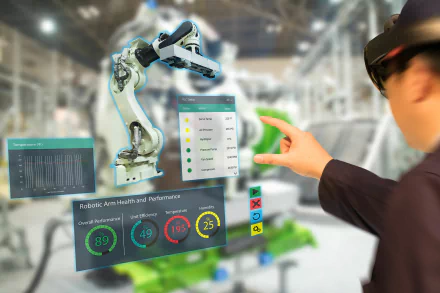 Person using augmented reality to interact with a virtual interface in front of an industrial robot arm, highlighting modern industry technology for an HD desktop wallpaper.