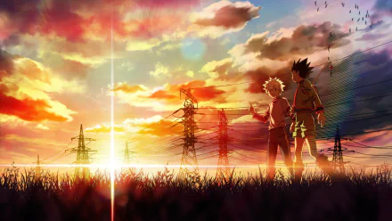 HD desktop wallpaper featuring Killua Zoldyck and Gon Freecss from Hunter x Hunter against a stunning sunset backdrop with powerlines and vibrant sky, tagged with sunset, anime.