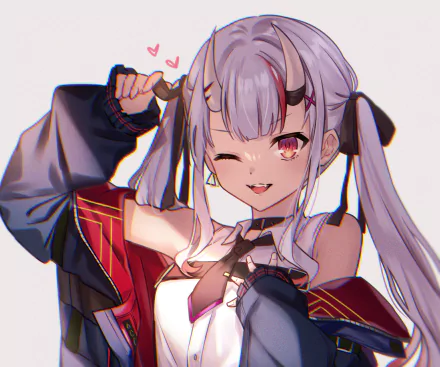 HD desktop wallpaper featuring Nakiri Ayame, an anime-style character from Hololive. She has white hair, horns, and winks playfully, with hearts above her head.