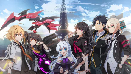 SoulWorker HD desktop wallpaper featuring anime characters in action poses with Eiffel Tower backdrop for the game's third anniversary.