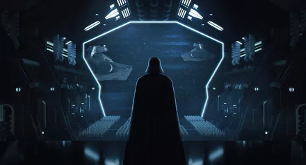 4K Ultra HD Star Wars desktop wallpaper featuring Darth Vader silhouetted inside a Sith spaceship, surrounded by futuristic sci-fi elements and starry space views.