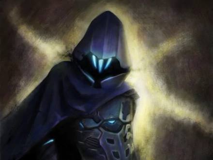 Omen (Valorant) — hooded, armored shadow agent with glowing blue mask emerging from smoky, yellow-lit haze; HD PC desktop wallpaper and video game background.