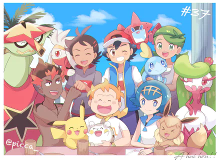 HD anime-style Pokemon desktop wallpaper featuring Ash, Pikachu, and friends joyfully posing together under a bright blue sky.