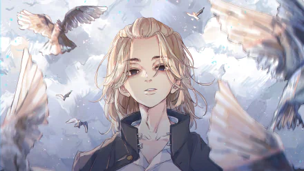 HD desktop wallpaper featuring Mikey Manjiro Sano from the anime Tokyo Revengers, with an ethereal background of flying birds in a pastel sky.