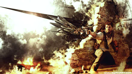HD desktop wallpaper featuring Nathan Drake in action from the video game Uncharted 3: Drake's Deception, set against a fiery backdrop.