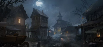 HD PC desktop wallpaper featuring a dark, eerie town from the video game Diablo Immortal under a moonlit sky.