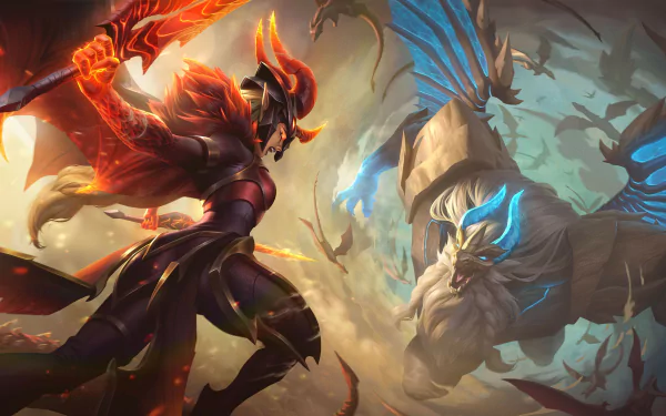 A dynamic HD wallpaper featuring Galio and Kayle from League of Legends, showcasing an epic battle between the champions against a dramatic backdrop.