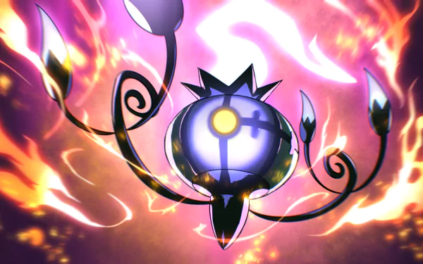 Chandelure (Pokémon) anime 2K Quad HD PC desktop wallpaper — ghostly chandelier Pokémon with a glowing purple core, surrounded by swirling orange flames and drifting embers.