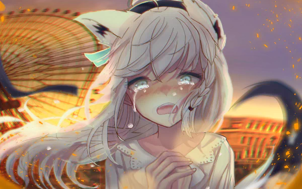4K Ultra HD anime wallpaper featuring Shirakami Fubuki from hololive as a virtual YouTuber, depicted with white hair and fox ears in an emotional scene.