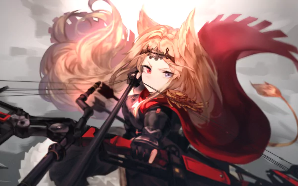 5K Ultra HD PC desktop wallpaper of Archetto (Arknights): fox-eared operator with flowing red cloak, heterochromia eyes and bow in dynamic video game art.