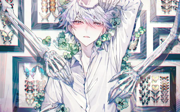 A 4K Ultra HD anime boy with white hair and a white shirt, surrounded by skeletal hands and framed butterfly displays, creating a striking PC desktop wallpaper background.