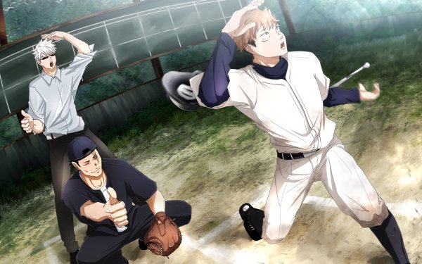 Anime Jujutsu Kaisen Satoru Gojo Yuji Itadori Aoi Todo White Hair Baseball Glasses HD Wallpaper | Background Image