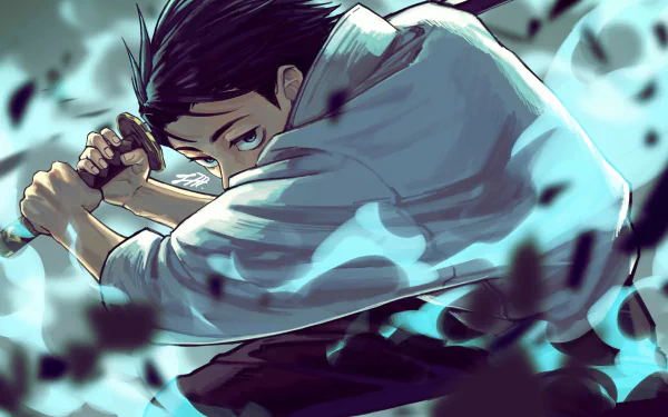 HD anime desktop wallpaper featuring Yuta Okkotsu from Jujutsu Kaisen with black hair, poised in a dynamic action pose surrounded by swirling dark energy.