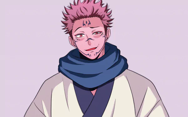 Anime-style 4K Ultra HD desktop wallpaper featuring Sukuna from Jujutsu Kaisen with distinctive pink hair and a dark blue scarf on a light background.