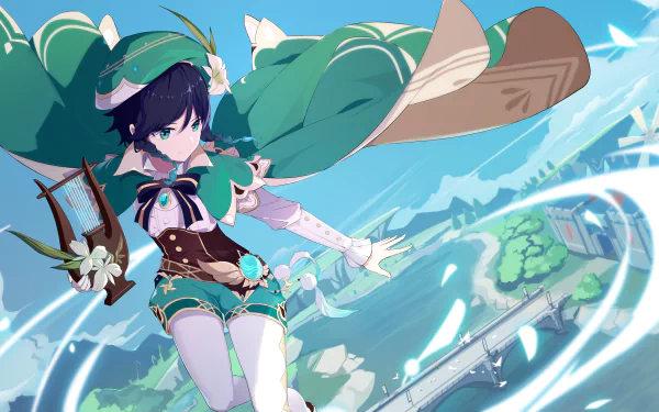 4K Ultra HD PC wallpaper featuring Venti from Genshin Impact, showcasing the character soaring with a lyre against a vibrant sky and floating islands background.