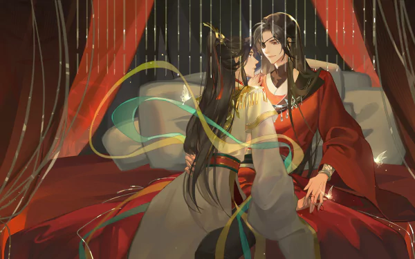 4K Ultra HD PC desktop wallpaper of Xie Lian and Hua Cheng from Tian Guan Ci Fu — anime portrait of them close together on a crimson-draped throne with flowing ribbons and starlit glow.