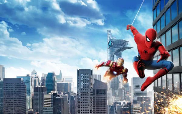 Spider-Man swings through the city alongside Iron Man in a dynamic scene from the movie Spider-Man: Homecoming. Peter Parker and Tony Stark are depicted against a backdrop of skyscrapers in this HD wallpaper.