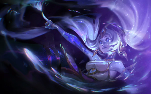 HD PC desktop wallpaper featuring Nami from League of Legends, depicted in a dynamic underwater scene with vibrant purple and blue hues.