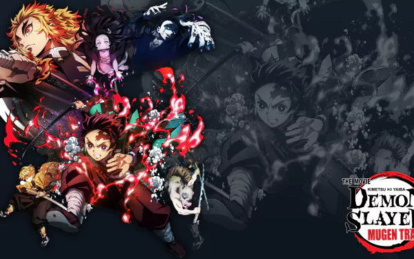 HD desktop wallpaper featuring characters from Demon Slayer: Kimetsu no Yaiba - The Movie: Mugen Train with vibrant action scenes and the movie logo on the right side.